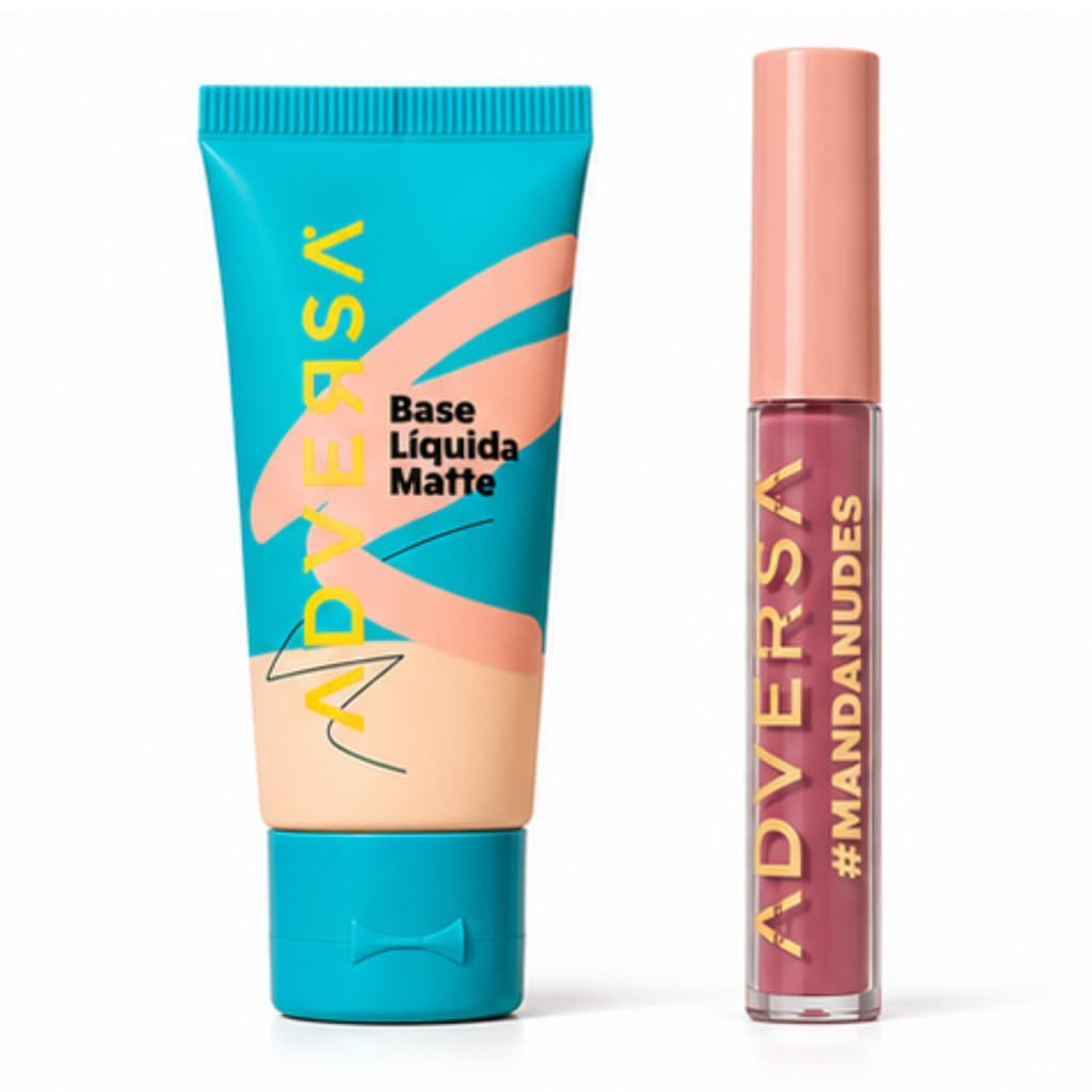 Kit Base Líquida Matte Adversa Tom 100 + Batom Líquido Matte Fechou Coleção Manda Nudes Vegano Longa Duração
