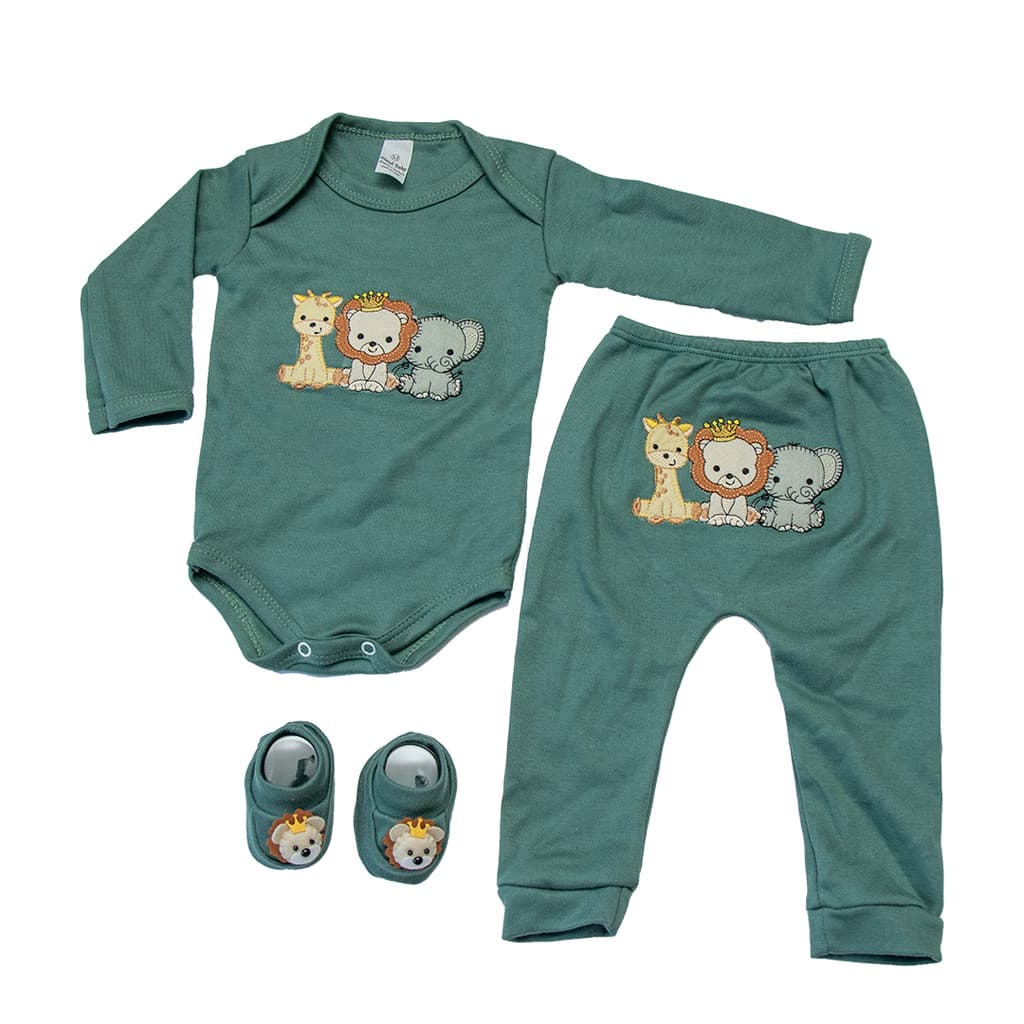 Conjunto Body Bebê menino com mijão bordado e sapatinho Safari