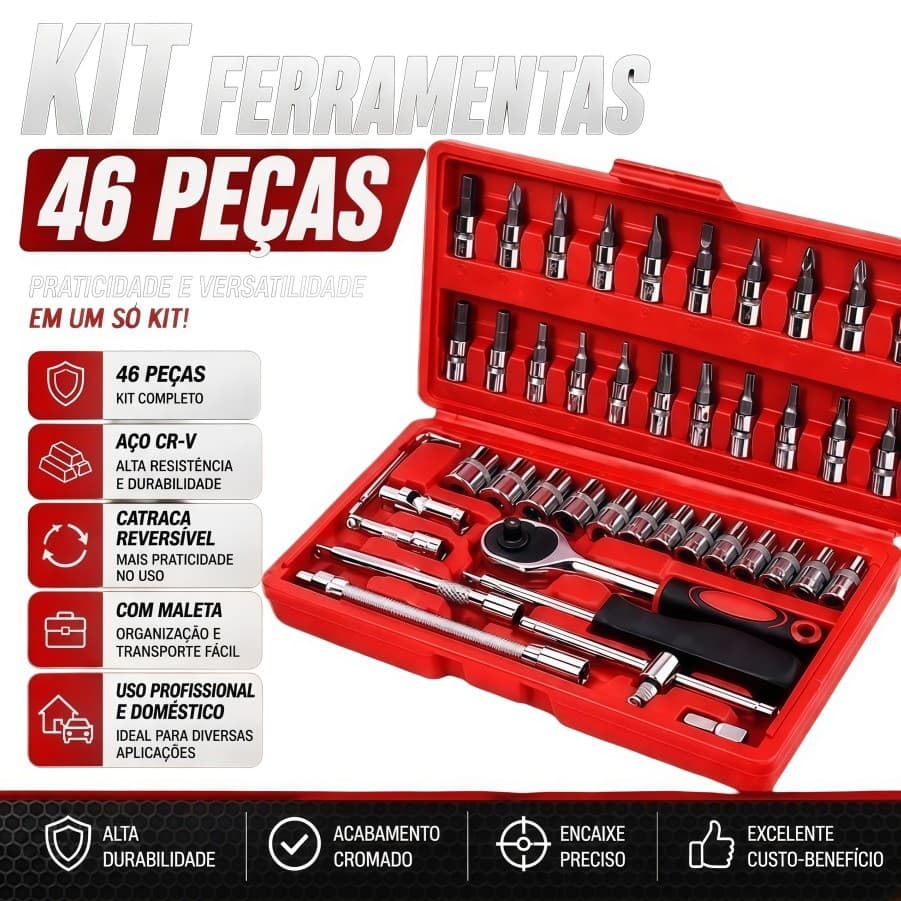 KIT 46 Peças Jogo De Chave Catraca Caixa De Ferramentas Completa Reversível Soquetes Maleta Airer.br