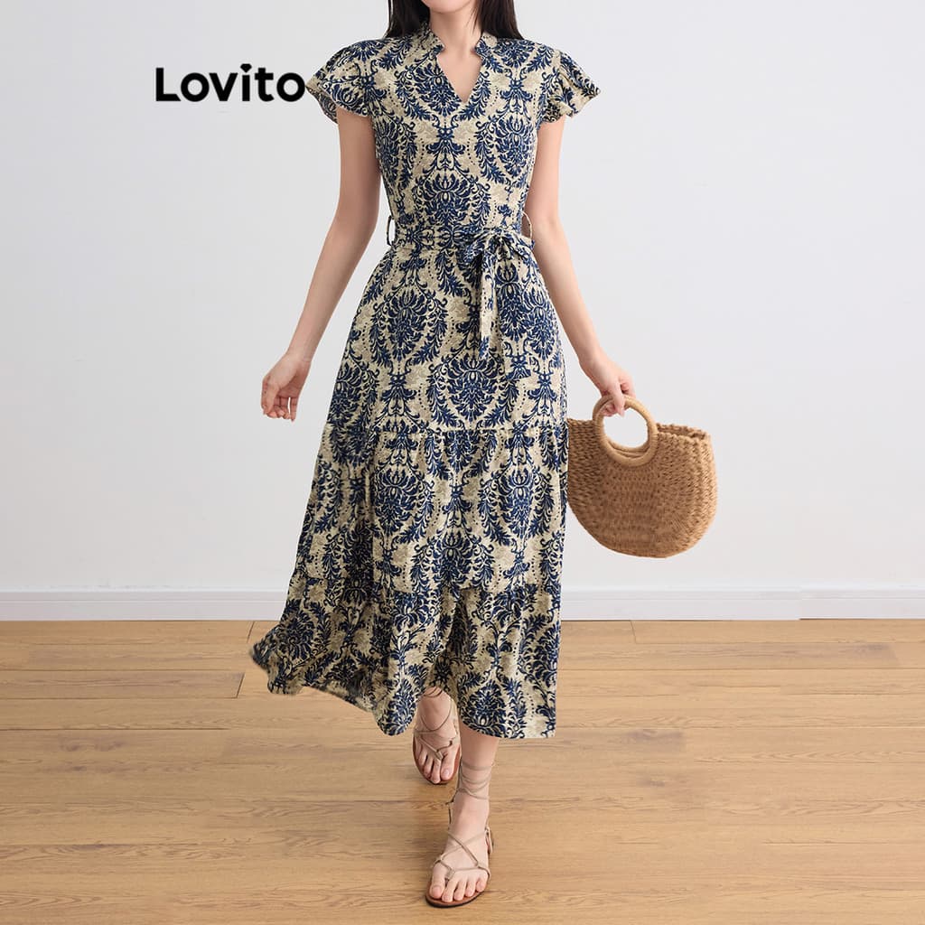 Lovito Férias Vestido Com Estampa Tribal E Babados Na Bainha Vestido De Verão/primavera Para Mulheres L105MD093