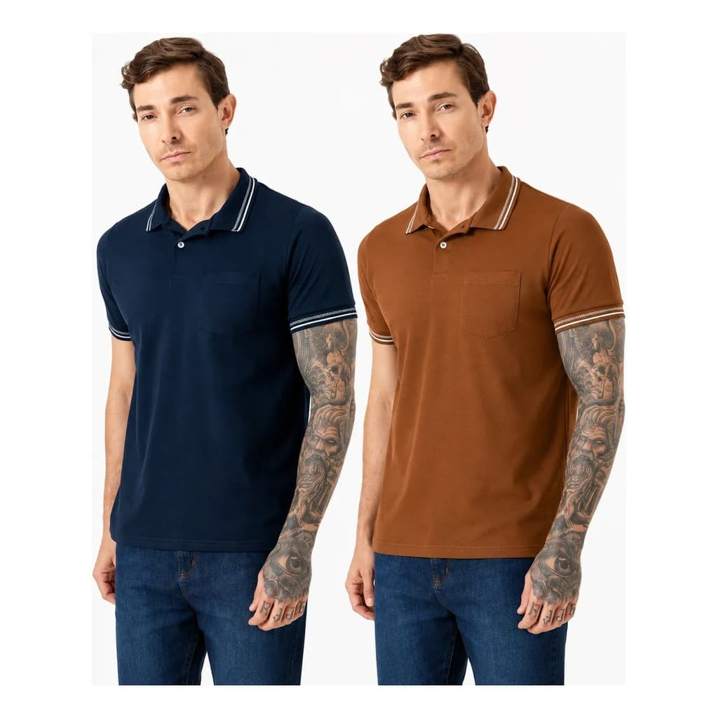 Kit 2 Camisas Polo Slim 100% Algodao Com Bolso Masculina Polos Sortidas Camisa Gola Casual Social Trabalho Uniforme Lisa