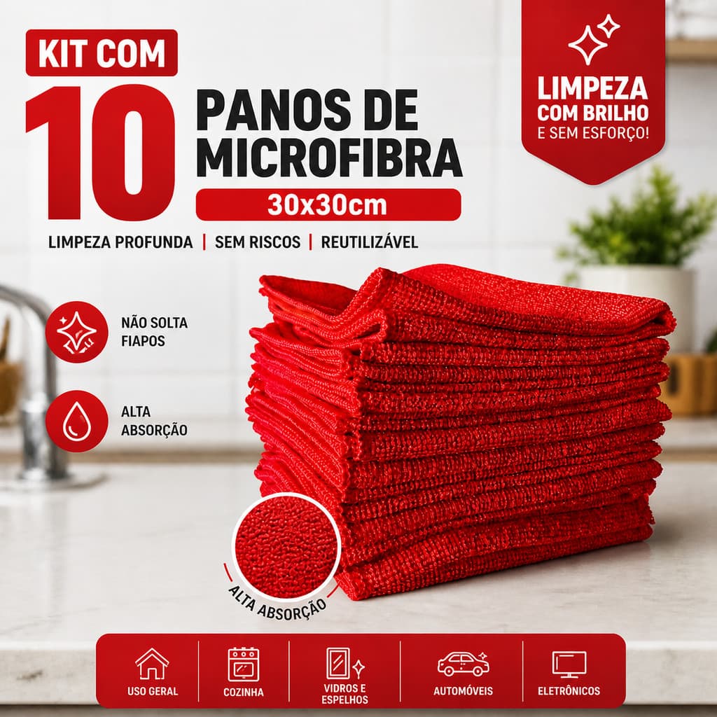 Kit 10 Panos de Microfibra Vermelho 30x30 Alta Absorção para Limpeza Multiuso Carro Vidro Pia