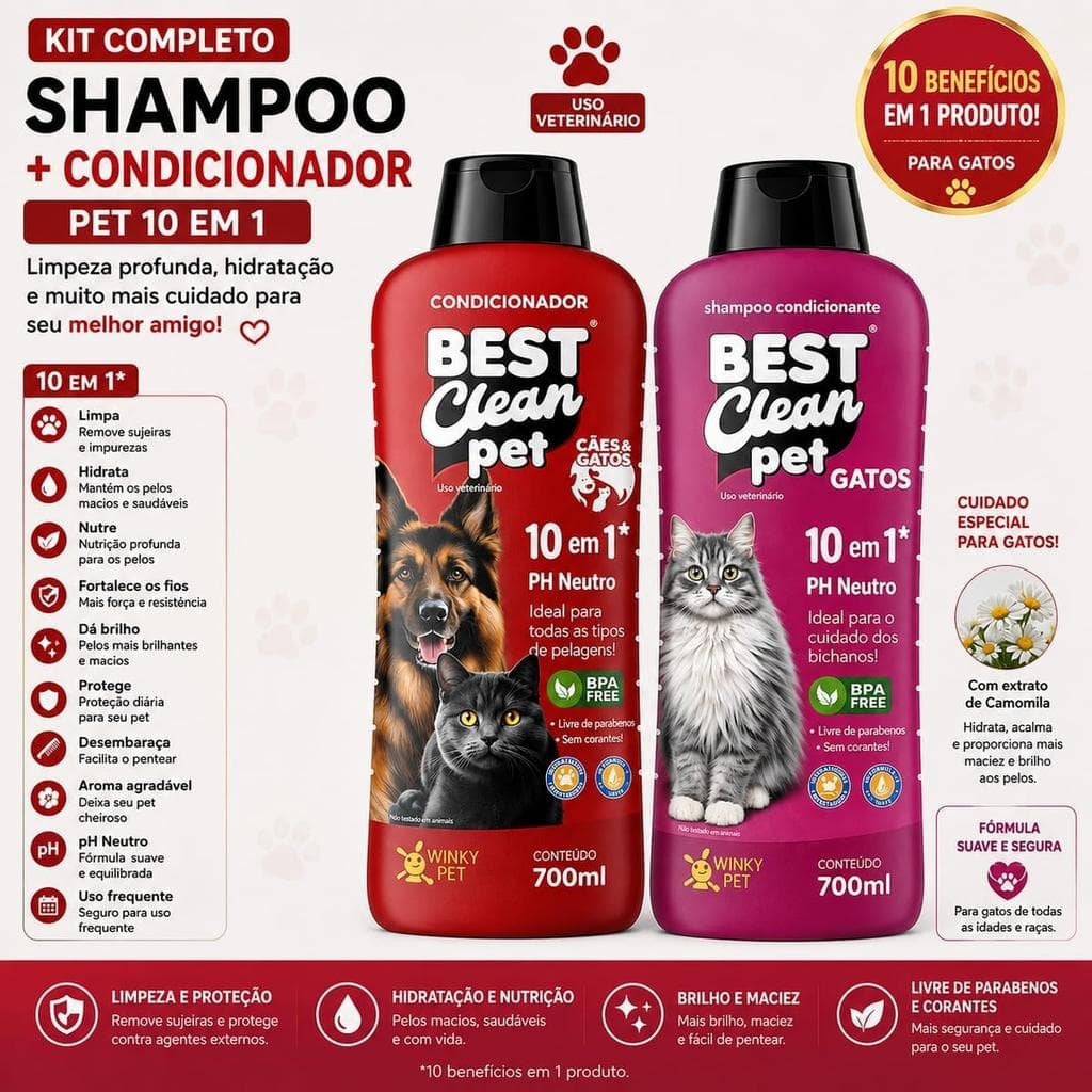 Kit Shampoo e Condicionador para Gatos Best Clean Pet 10 em 1 - 700ml cada (Shampoo + Condicionador)