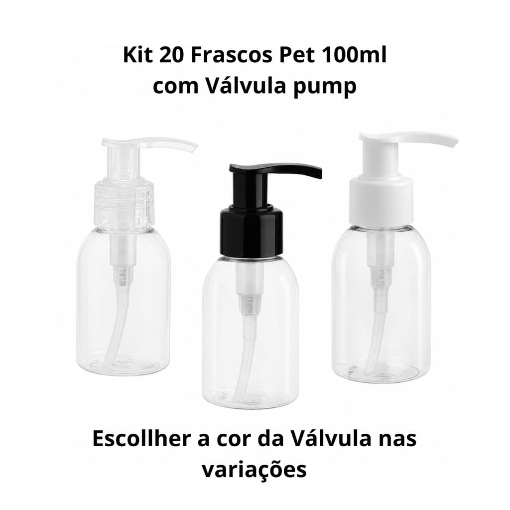 Frasco Pet 100ml Cristal com Válvula Pump Kit 20 Unidades Rosca 24mm para Sabonete Shampoo e Álcool Gel 