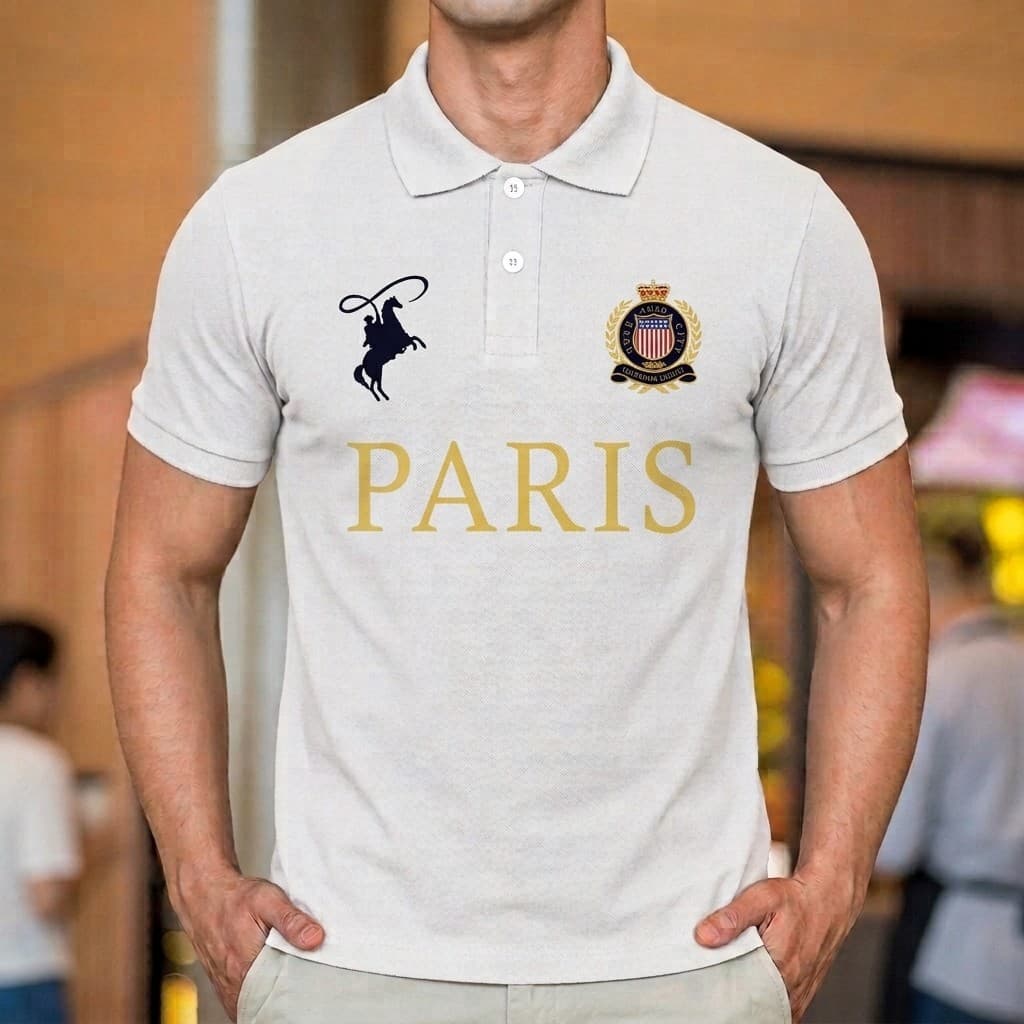 Camisa Polo Masculina Paris Premium Estampada Slim Manga Curta Casual Social Moderna Confortável