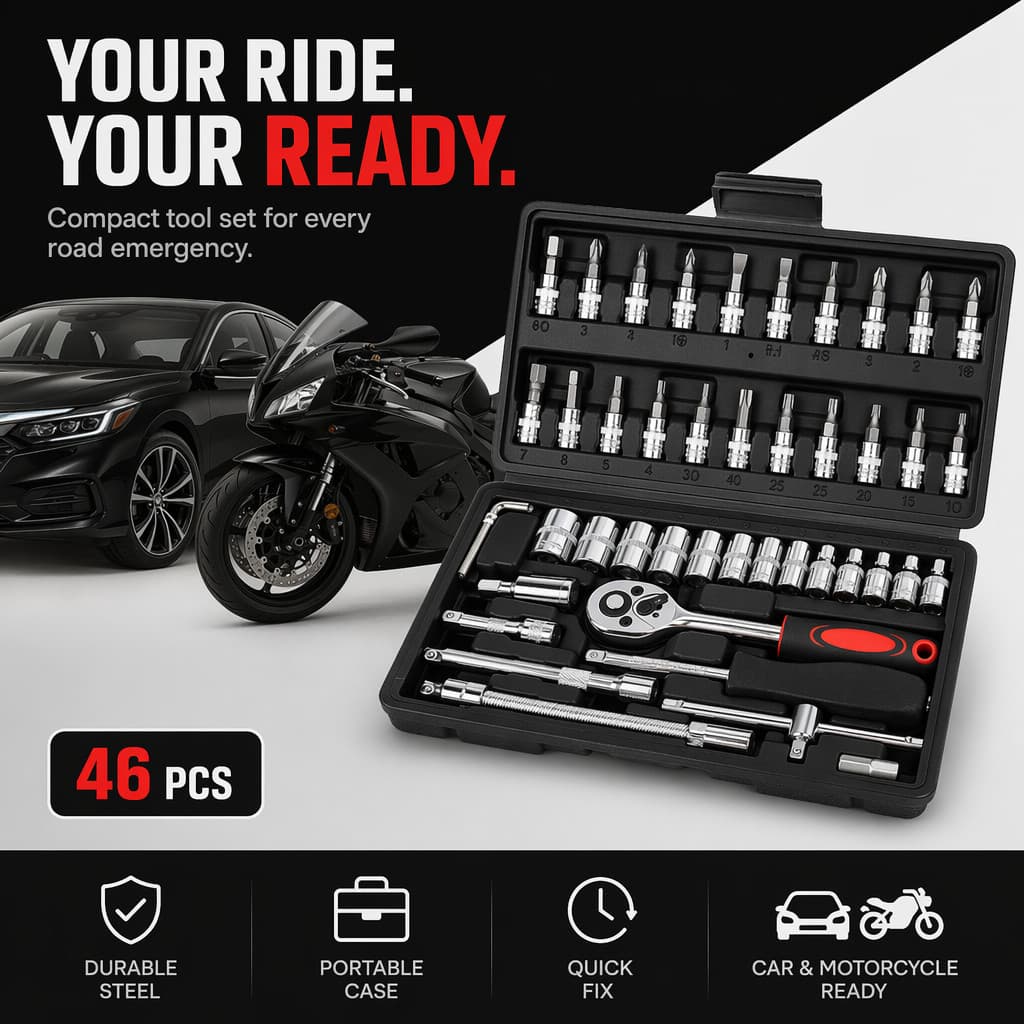 46 Peças Preto Maleta Completa Linha Premium Kit Chaves Jogo Catraca Reversível Com Soquetes