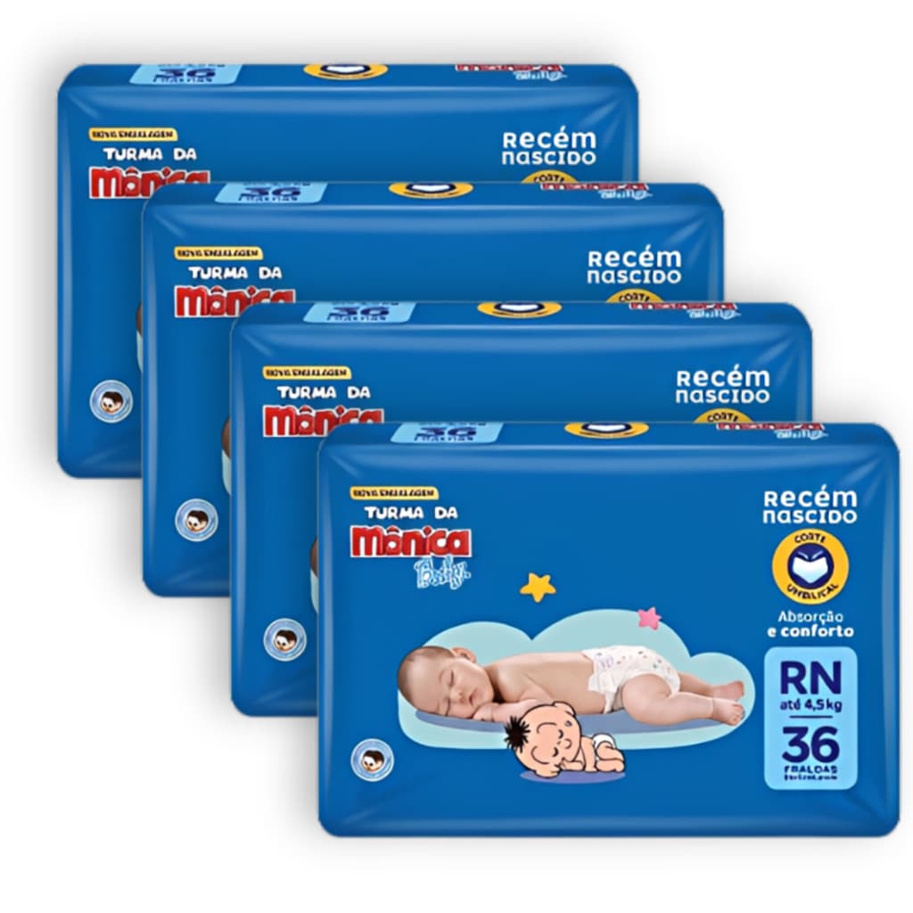 Kit 4 Fraldas Descartáveis Turma da Mônica Baby Recem Nascido RN - Total 144 Unidades