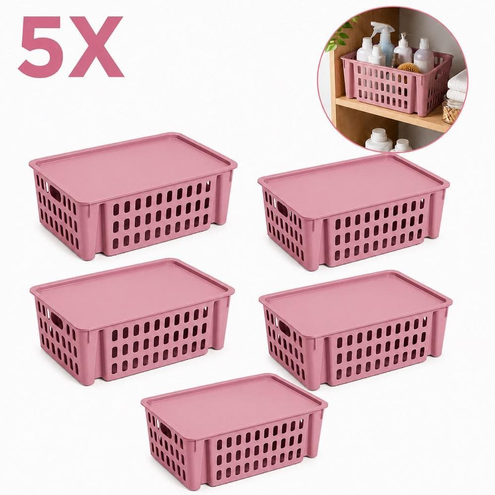 KIT 5 CAIXA ORGANIZADORA INFANTIL EMPILHAVEL ROSA CESTO 7,4L GAVETEIRO VAZADO COM TAMPA MULTIUSO GUARDA ROUPA BANHEIRO E