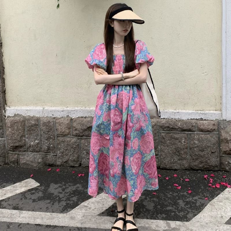 Vestido francês de gola quadrada feminino Plus Size manga bufante Floral vestido longo verão férias vestido Casual 601 #