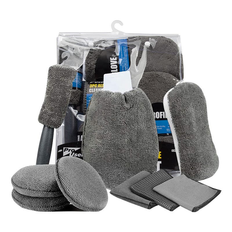 Kit de ferramentas de limpeza automotiva com 9 peças, conjunto de limpeza para lavagem e secagem de carros, toalhas, pol