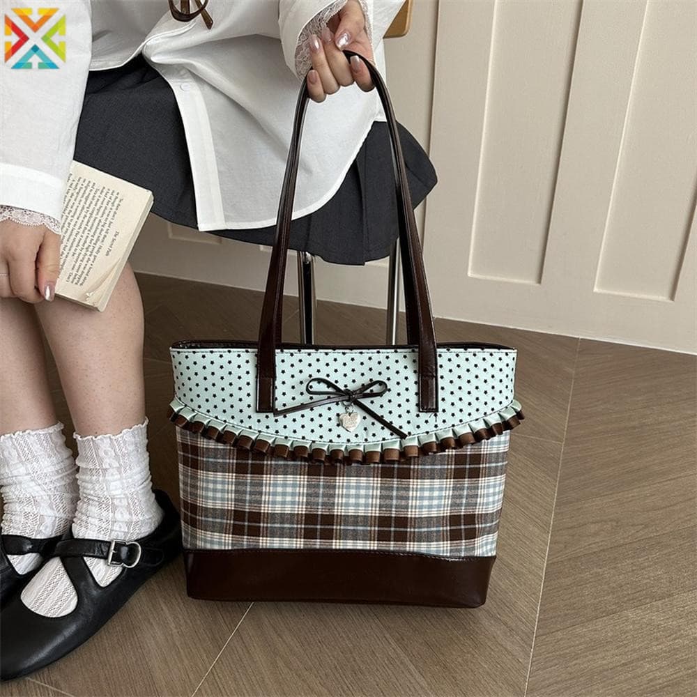 Bolsa Feminina De Grande Capacidade Tecido PU Patchwork De Ombro Vintage Bolinhas Verificação Arco Decoração