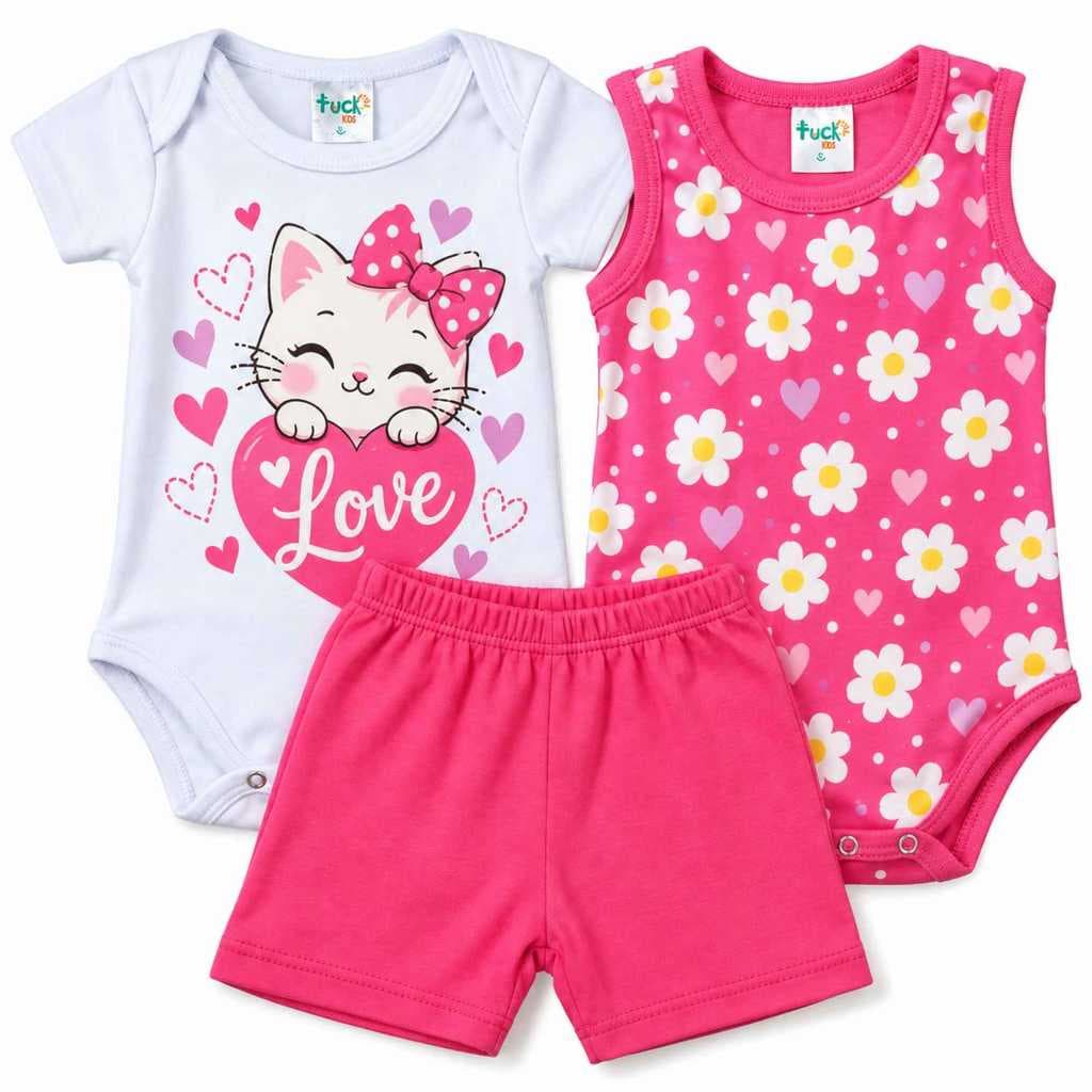 Kit 3 Peças Bebê Menina Body Manga Curta Regata e Short Infantil Verão Roupa de Bebê Estampado