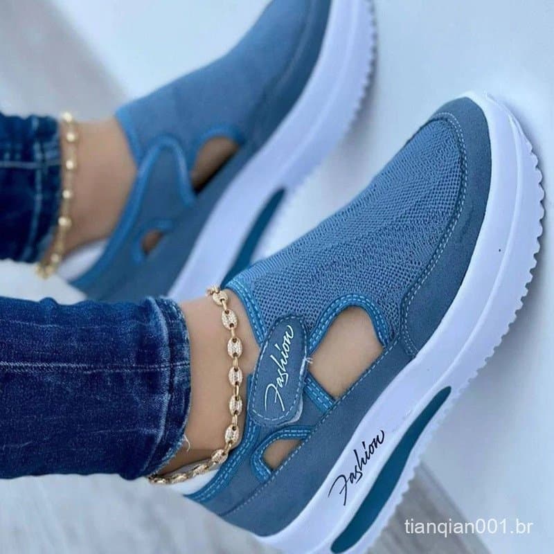 Sapatos de sola grossa ortopédicos femininos com malha elástica sapatos de caminhada casuais e confortáveis da moda