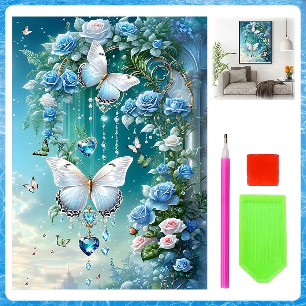 Pintura de Diamante 5D Tema Borboleta Azul Flor 40x30cm – Kits de Arte DIY, Pode ser Usado como Presente, para Decoração