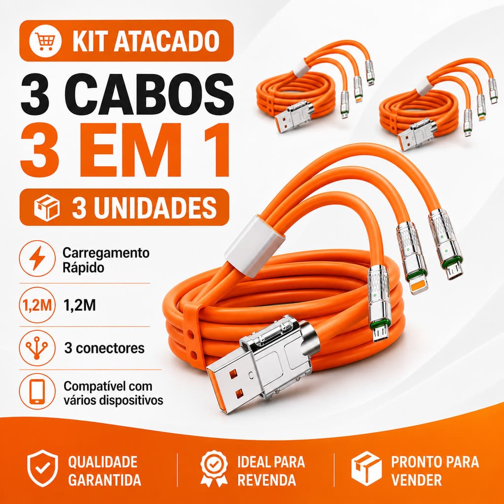 Kits 5x Cabos Carregador 3 em 1 Tipo C 1,2m carga rápida compatível iOS resistência celular powerbank atacado revenda