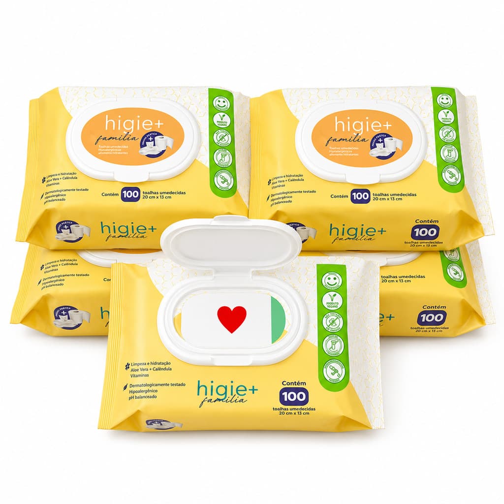 Kit 5 Pacotes Lenço Umedecido Bebê e Família Higie+ Com Tampa - 100 Folhas | Vegano e Hipoalergênico