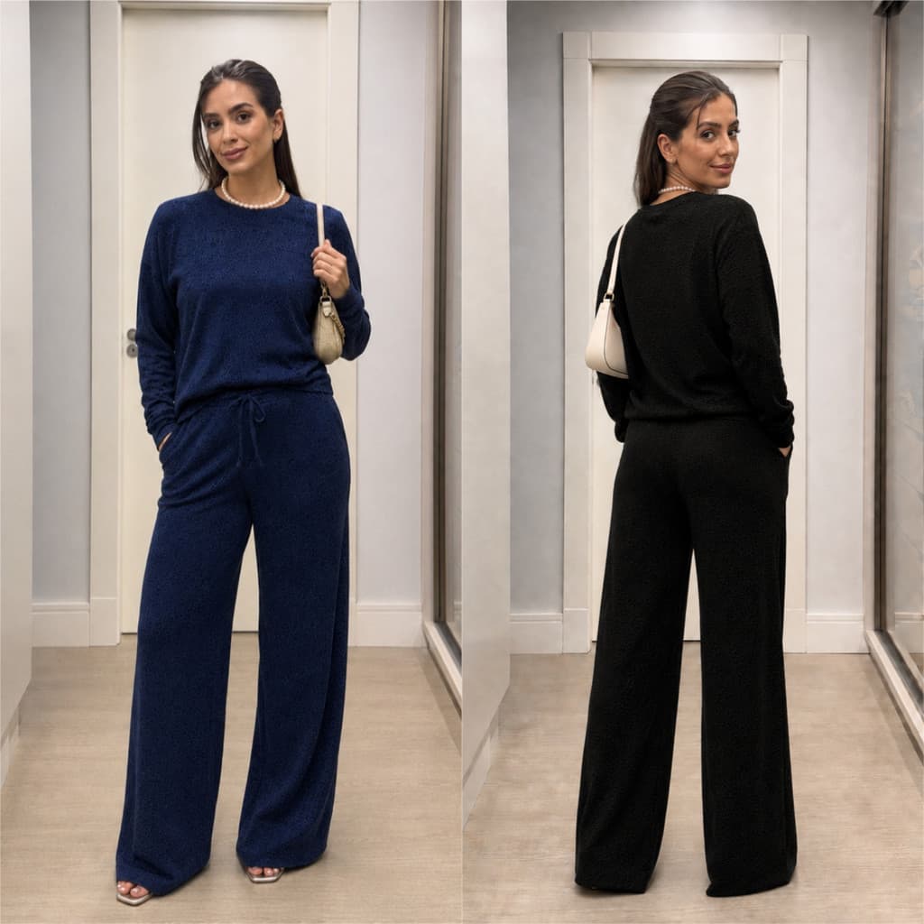 Conjunto Feminino Canelado em Malha Premium Comfort Blusa de Frio Manga Longa e Calça Pantalona Moletom Outono Inverno