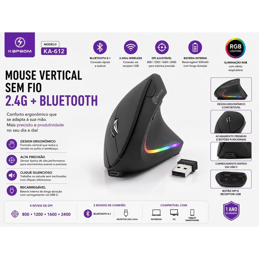 Mouse Vertical Ergonômico Sem Fio Recarregável Bluetooth 1600 Dpi
