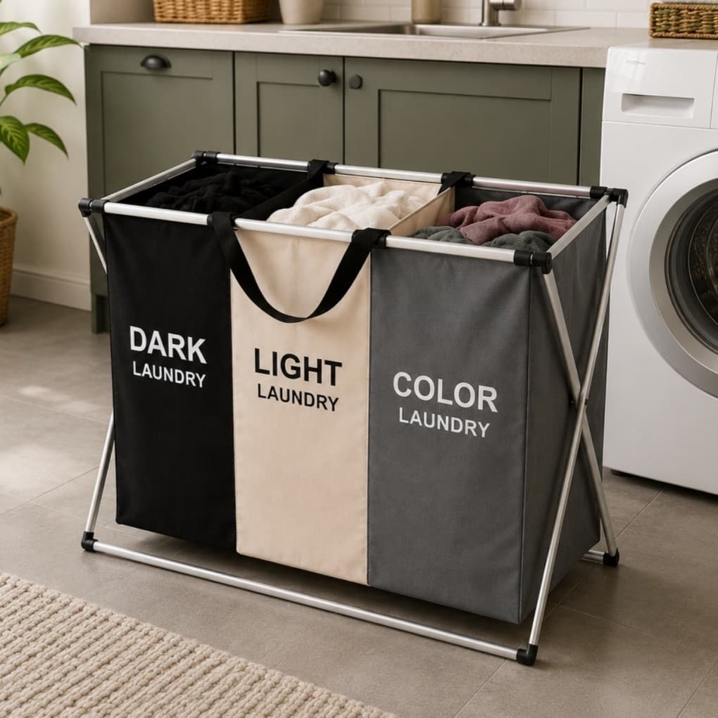 Cesto Roupa Suja 3 Divisórias Triplo | Organizador de Roupas 3 Compartimentos Grande | Cesto Lavanderia Quarto Banheiro