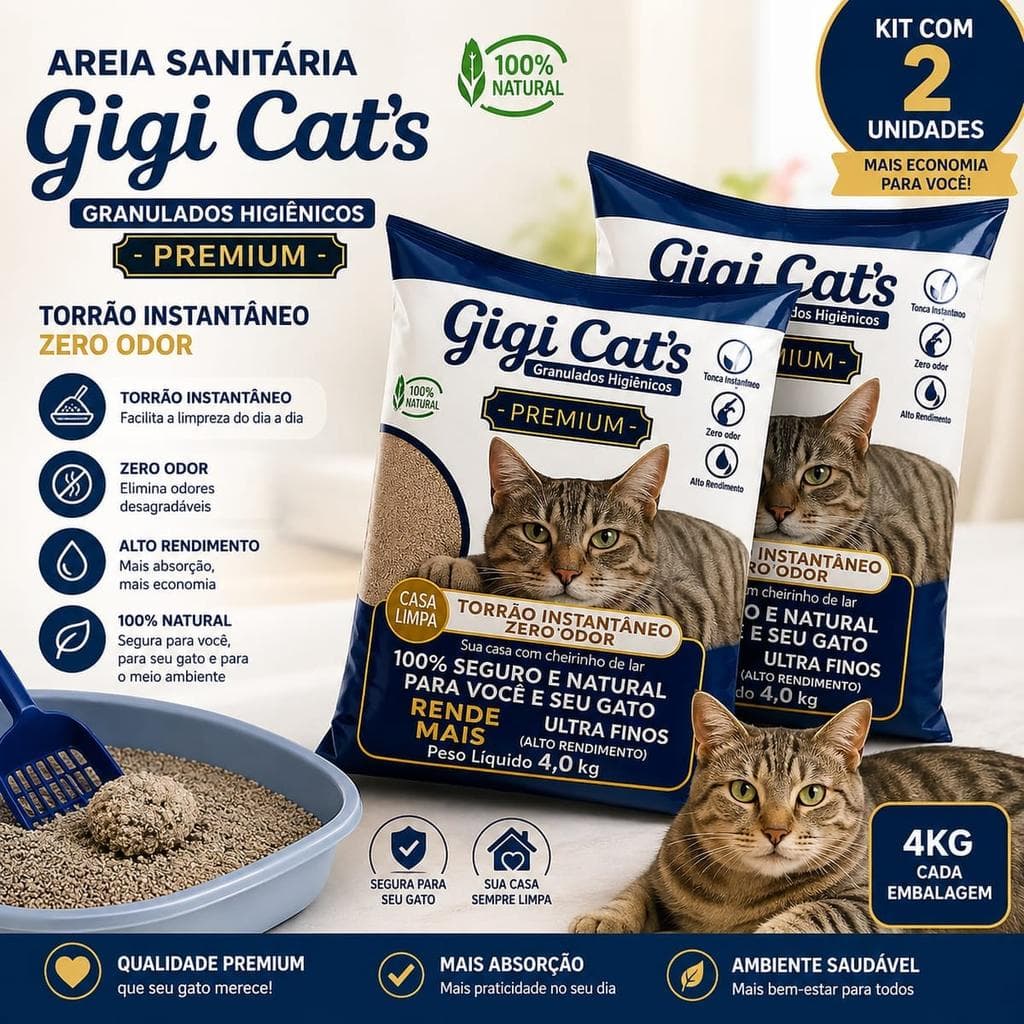 Areia sanitária para gatos Gigi Cats 4kg - Kit 2 unidades (8kg) | Auxilia na absorção e controle de odores