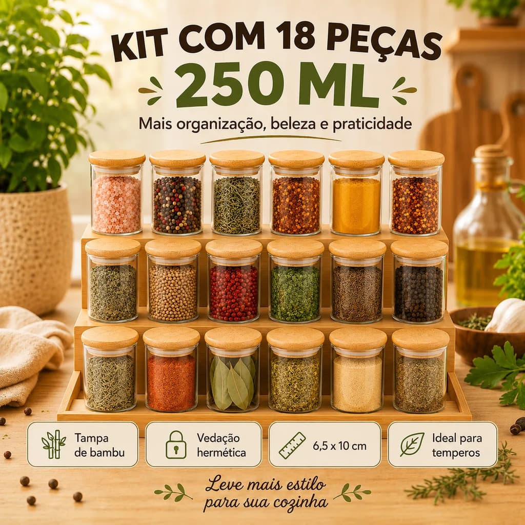 Kit Porta Temperos Potes de Vidro 250ml Tampa Bambu Hermética Organizador Cozinha para Especiarias e Condimentos