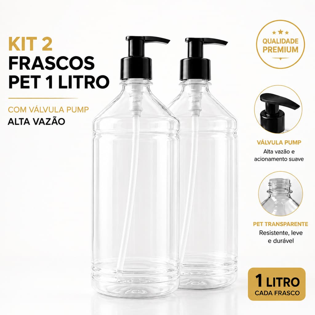 Kit com 2 Frascos PET 1L com Válvula Pump Preta para Shampoo Gel e Amaciante Sabonete Liquido
