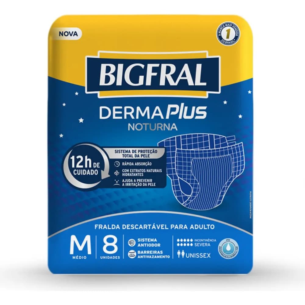 FRALDA BIGFRAL DERMA PLUS NOTURNO M 8UN ONTEX