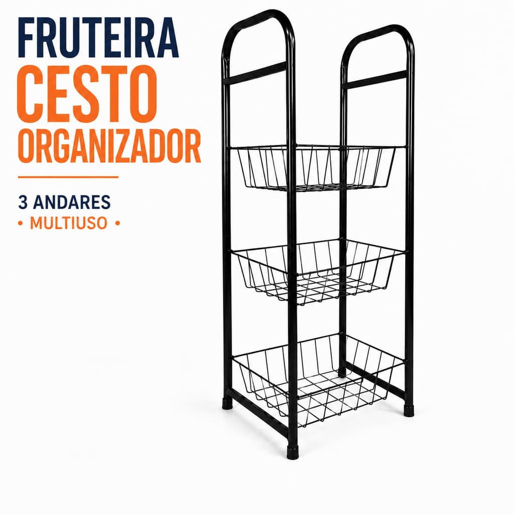 Fruteira Cesto Organizador 3 Andares em Aço Multiuso para Cozinha Despensa Banheiro Preta