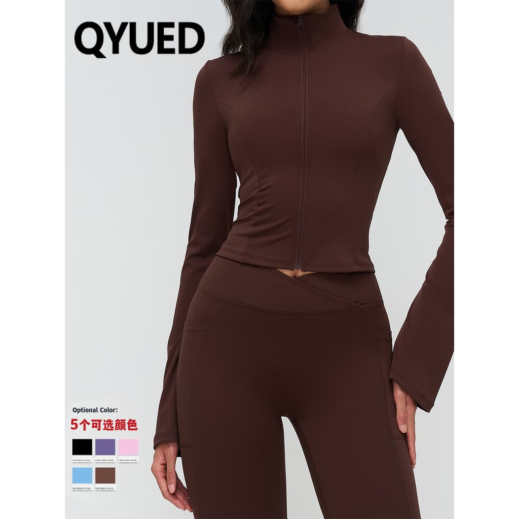 Europeu americano nu Yoga roupas jaqueta feminina gola alta zíper Cardigan trompete manga apertada roupas de Fitness ao 