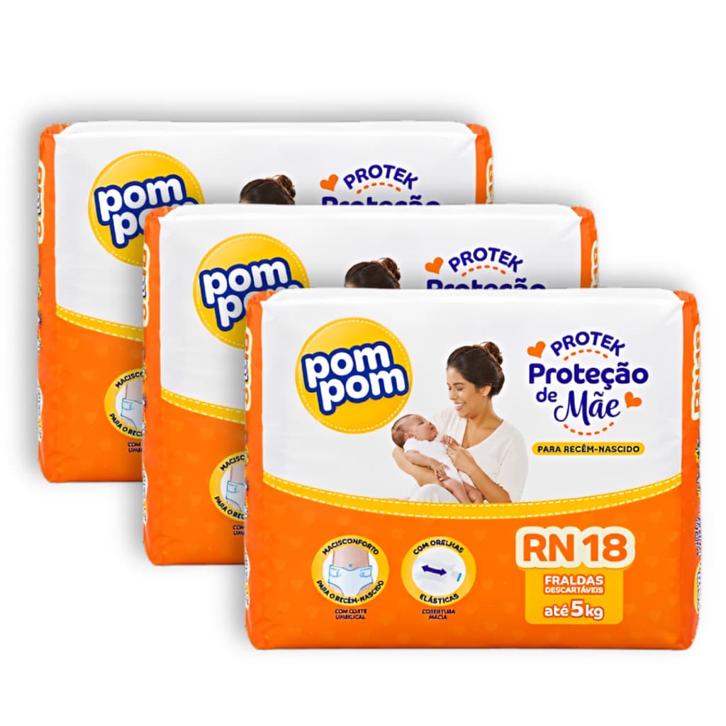 Kit 3 Fralda Descartável Pom Pom Protek Proteção de Mãe Recem Nascidos RN - Total 54 Unidades