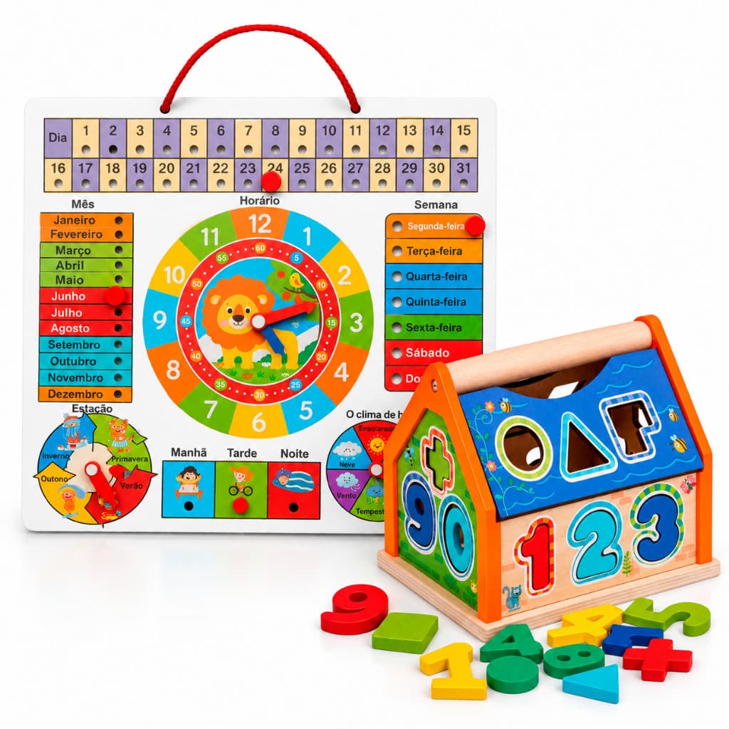 Kit Calendário + Casinha Educativa de Madeira Brinquedo Educativo Infantil Matemática