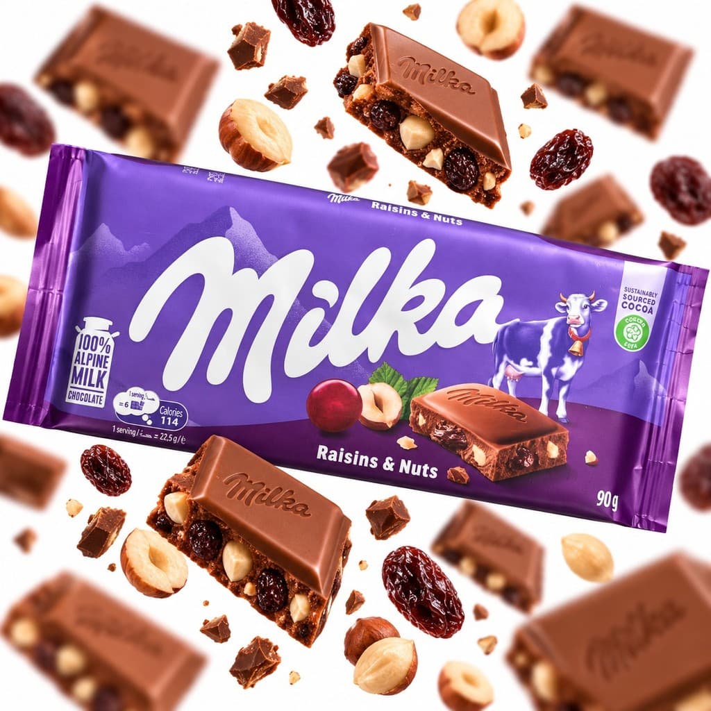 Barra de Chocolate Milka Raisins & Nuts com Uvas-Passas e Avelãs 90g | Importado