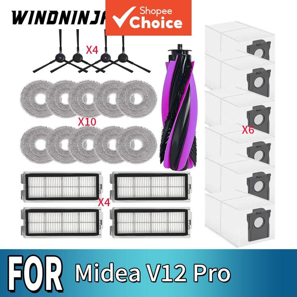 Para Midea V12 Pro Robô Aspirador de Pó e Passa Pano, Escova Principal, Escova Lateral, Saco de Pó, Filtro Hepa, Panos