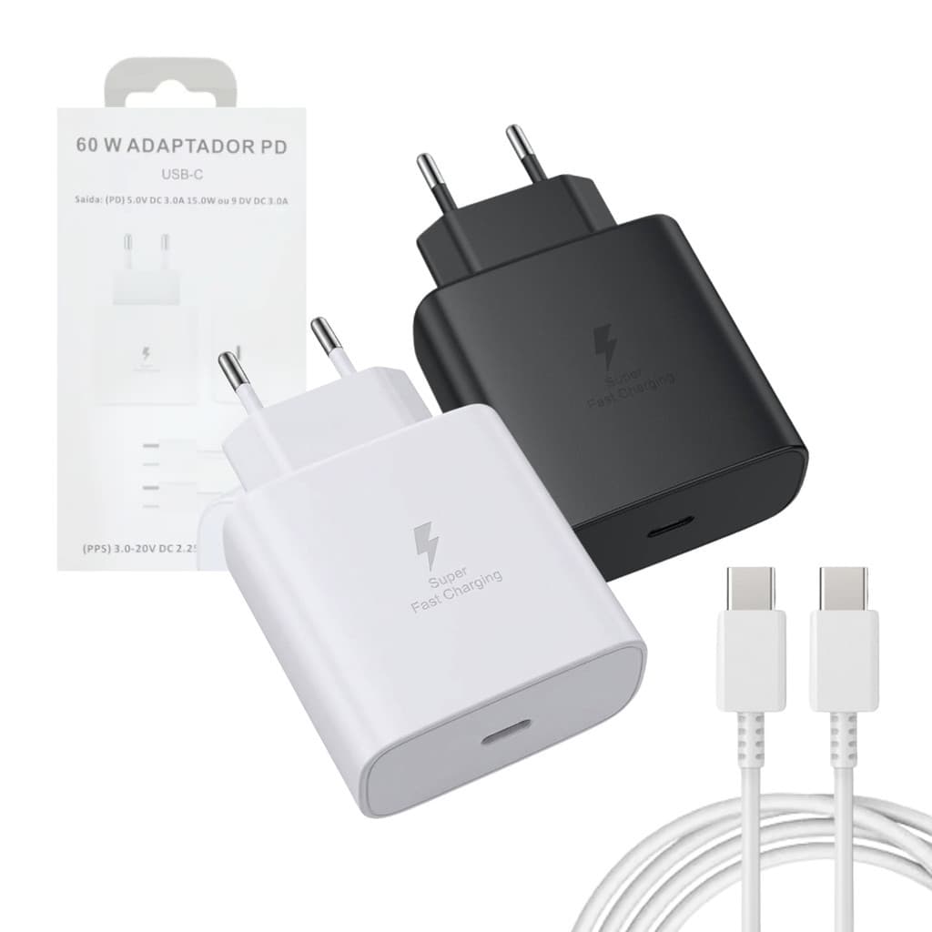 Carregador 60W Super Rápido USB-C Tipo C Com Cabo C-C Turbo Para Celular