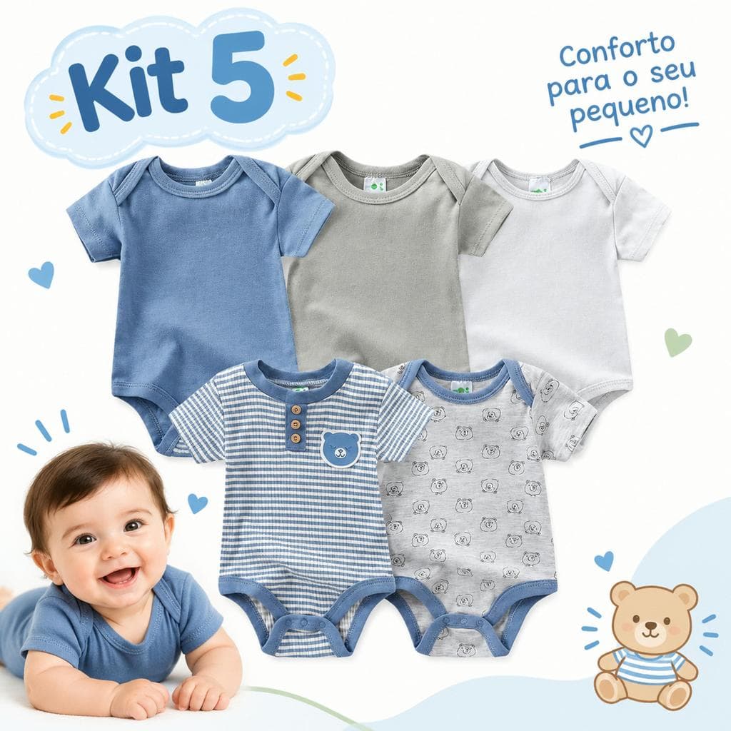 Kit Body Bebê Menino 5 Peças Manga Curta, Body Infantil Masculino, Roupinhas de Bebê, Enxoval Recém-Nascido