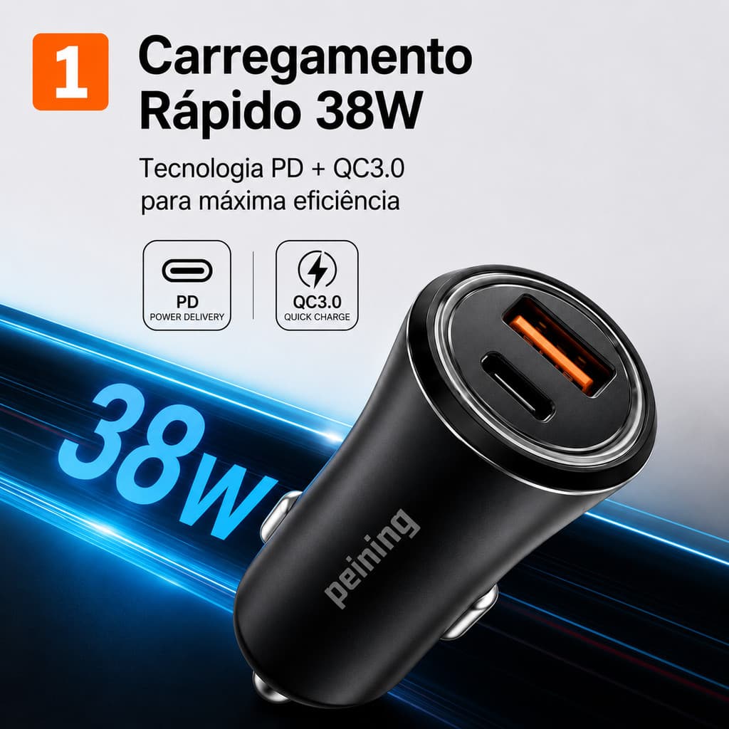 Carregador Veicular 38W PD QC3.0 USB-C + USB-A Carregamento Rápido Compacto Universal para Android e iPhone