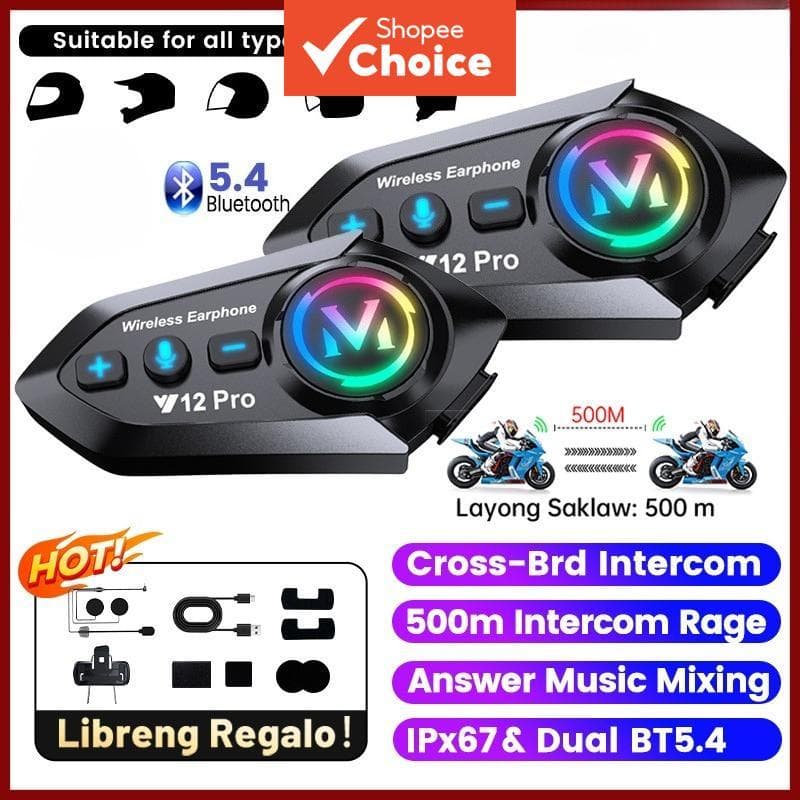 Fones de ouvido para capacete de motocicleta Y12 Pro, fones de ouvido Bluetooth 5.4, à prova d'água IPX6, redução de