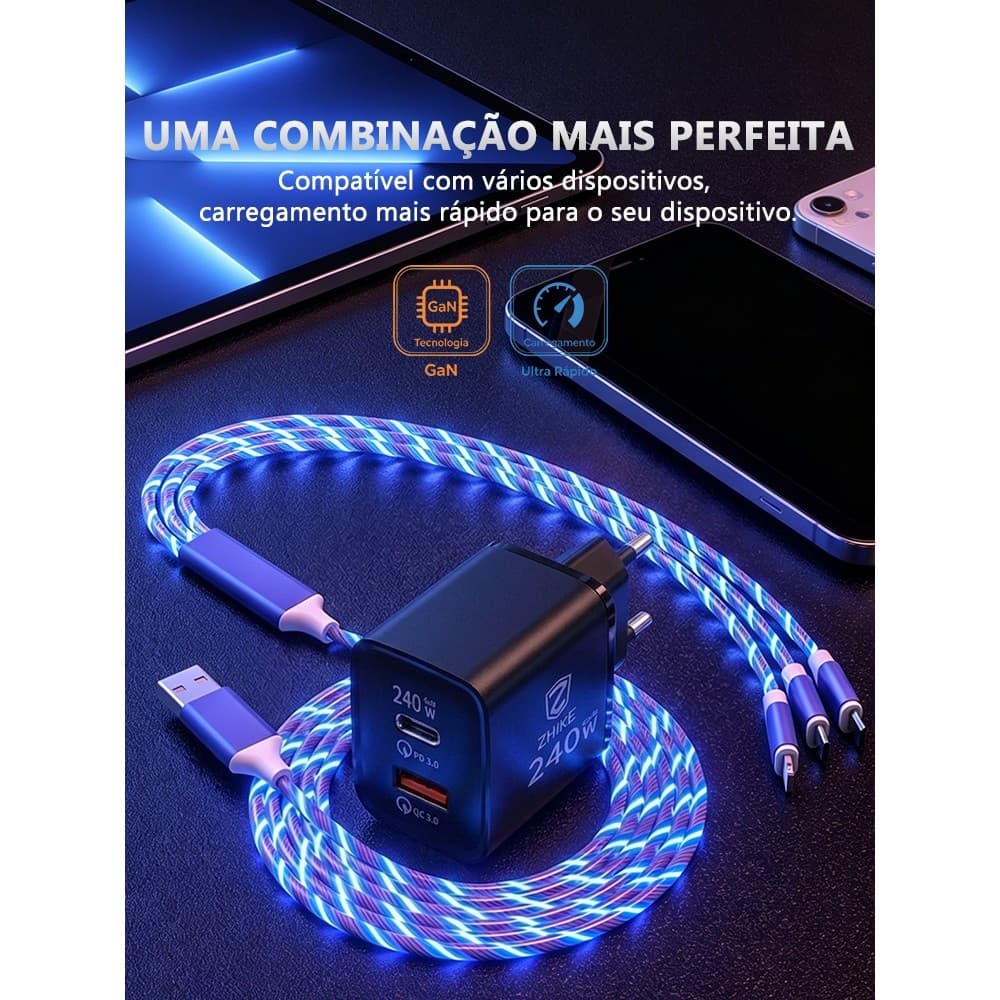 Carregador 240W ZHIKE 3 Em 1 Celular Carregamento Rápido PD Tipo C Cabo GaN Adaptador USB-C Carregador Parede Portátil
