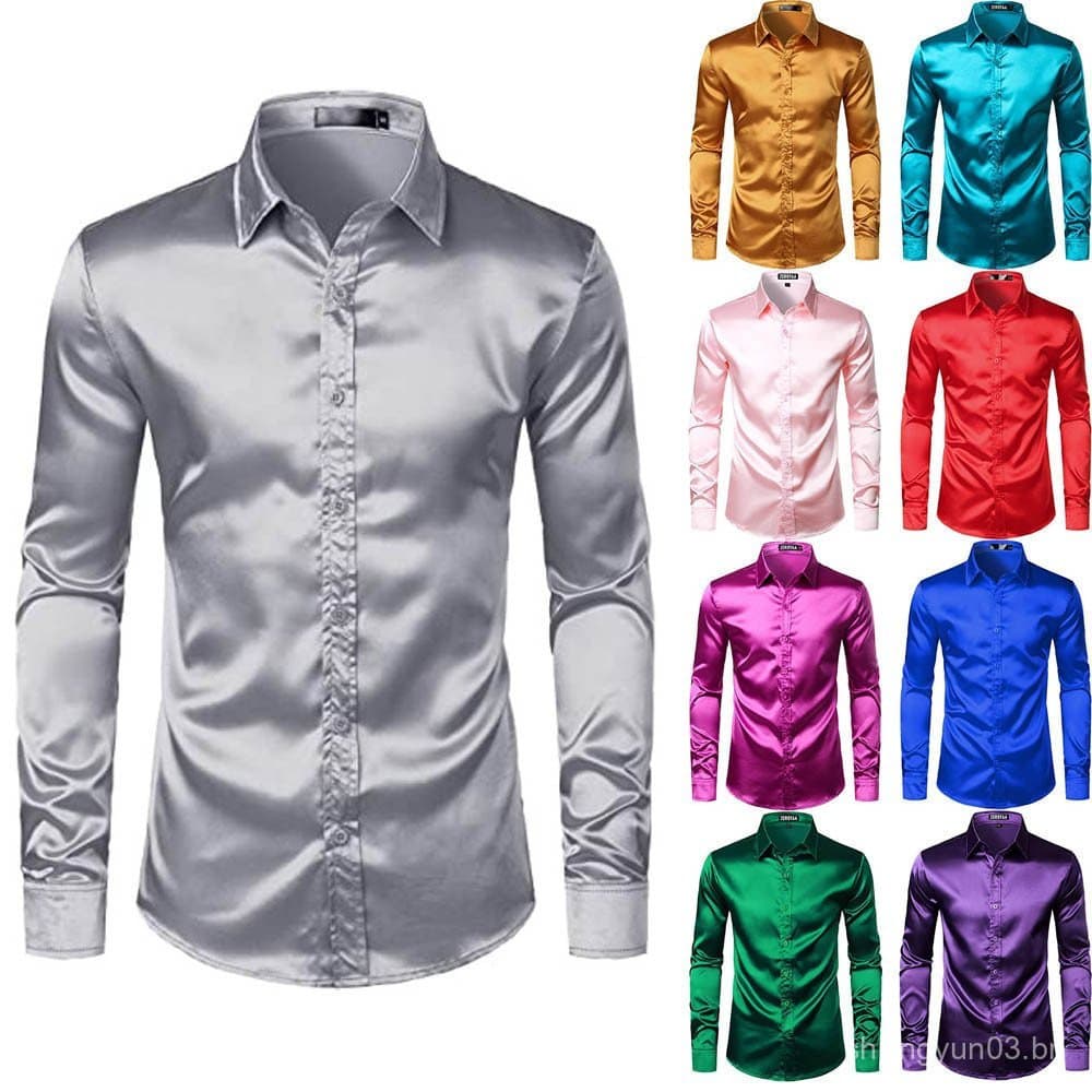 Camisa Social Masculina de Cetim Brilhante de Luxo, Manga Longa, Cor Sólida, Alta Qualidade, Corte Slim, Camisa para Cas