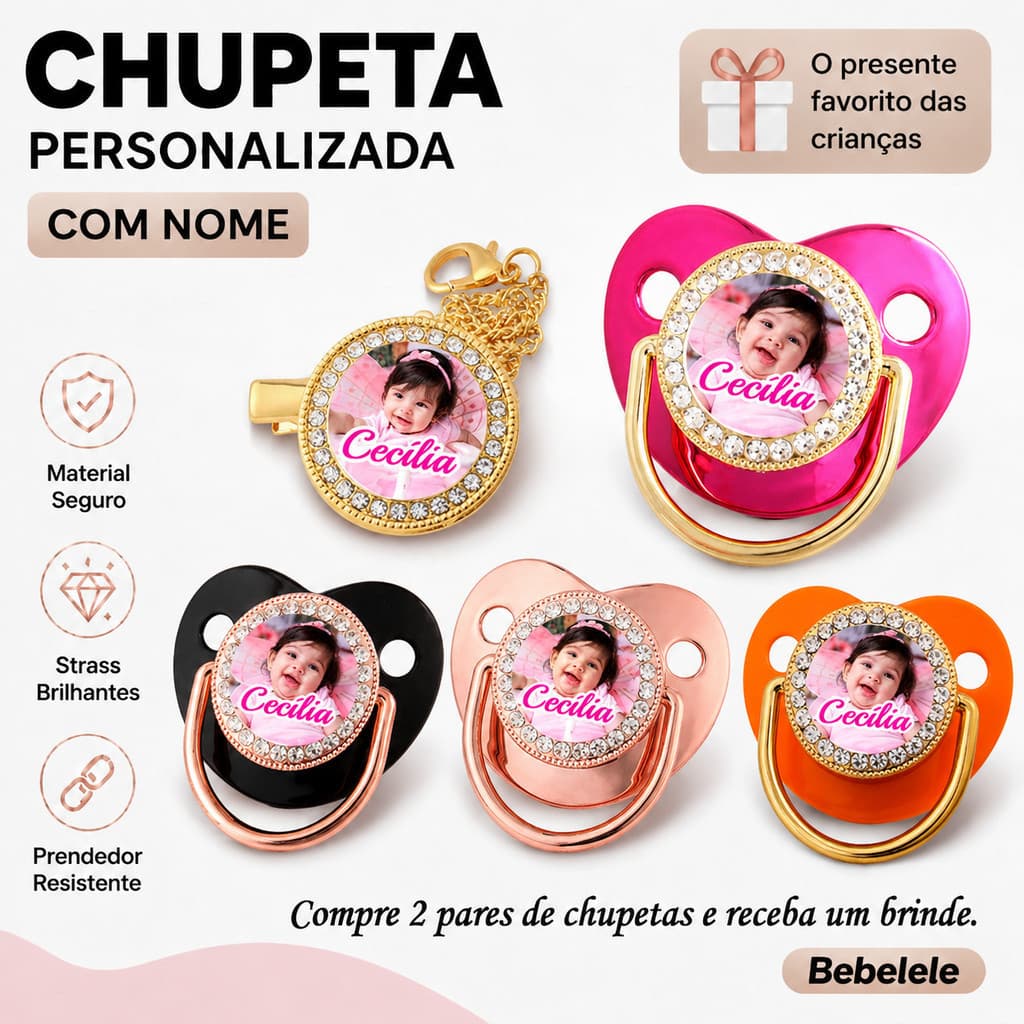 Chupeta plana para bebês, personalizável com nome/foto, acompanha chupeta/clipe para chupeta/corrente para chupeta MGF2