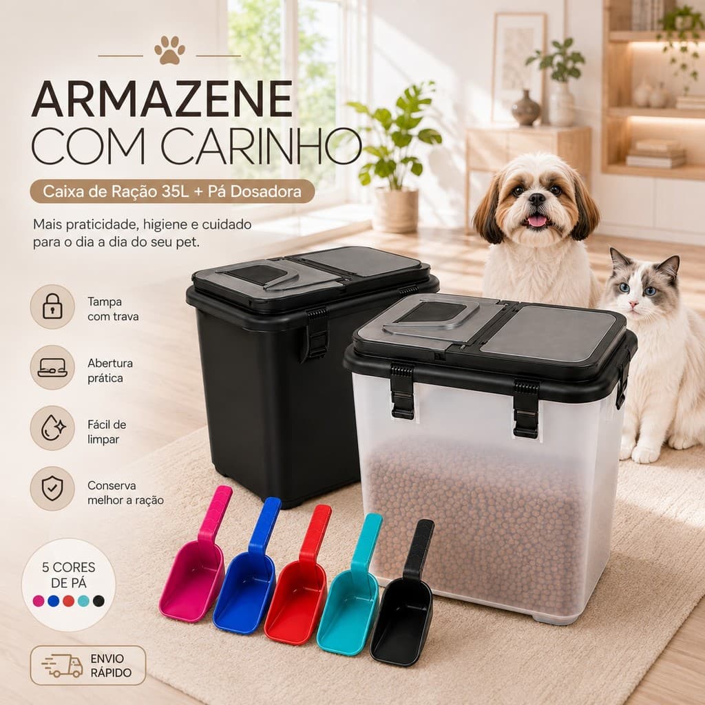 Contêiner Porta Ração 15KG 35 Litros Ração de Cachorro Gato com Pá Dosadora