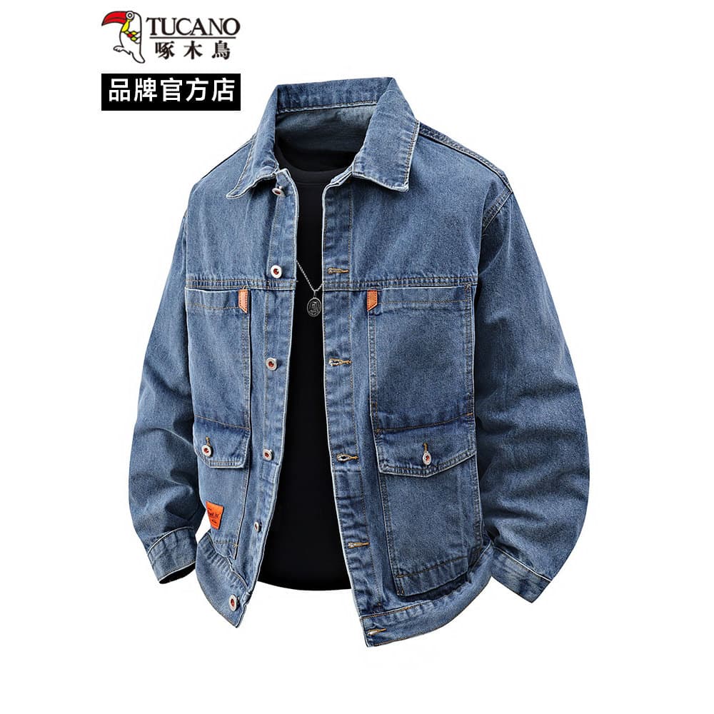 Woodpecker denim jaqueta masculina solta Casual Multi-bolso jaqueta de carga primavera outono denim jaqueta resistente a