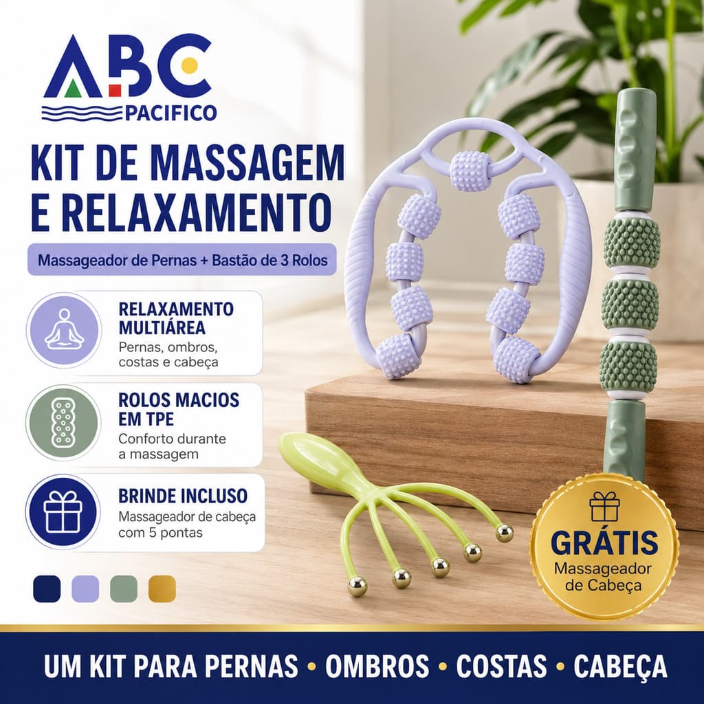 Kit Massageador Muscular Pernas Corpo Todo, Rolo 9 Rodas + Vara 3 Rodas, Brinde Massageador , Alivia Dor Muscular