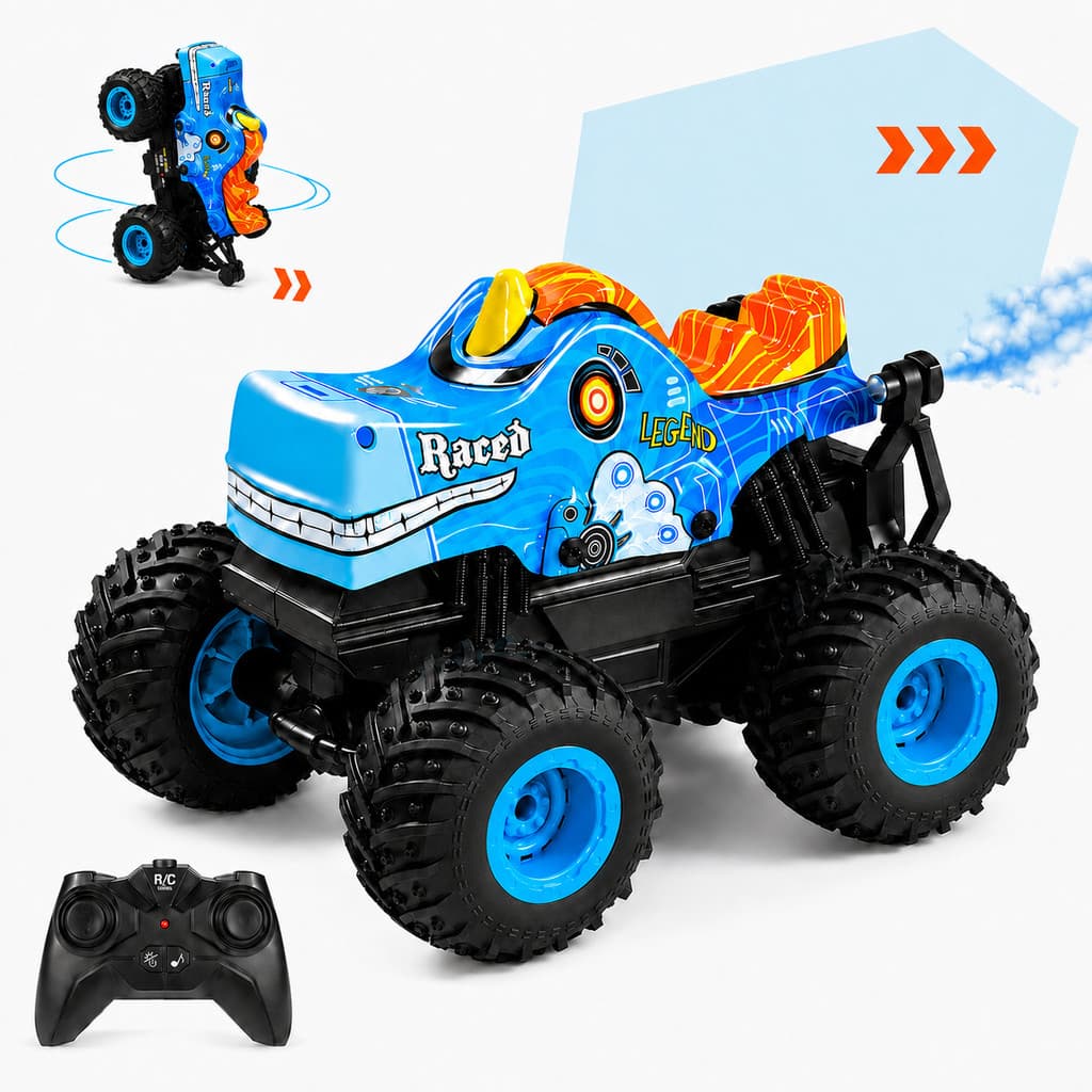Carrinho Controle Remoto Monster Truck Gira 360 Graus Solta Fumaça Luz Som Recarregável Cabo USB Pneus Grandes Kizumba