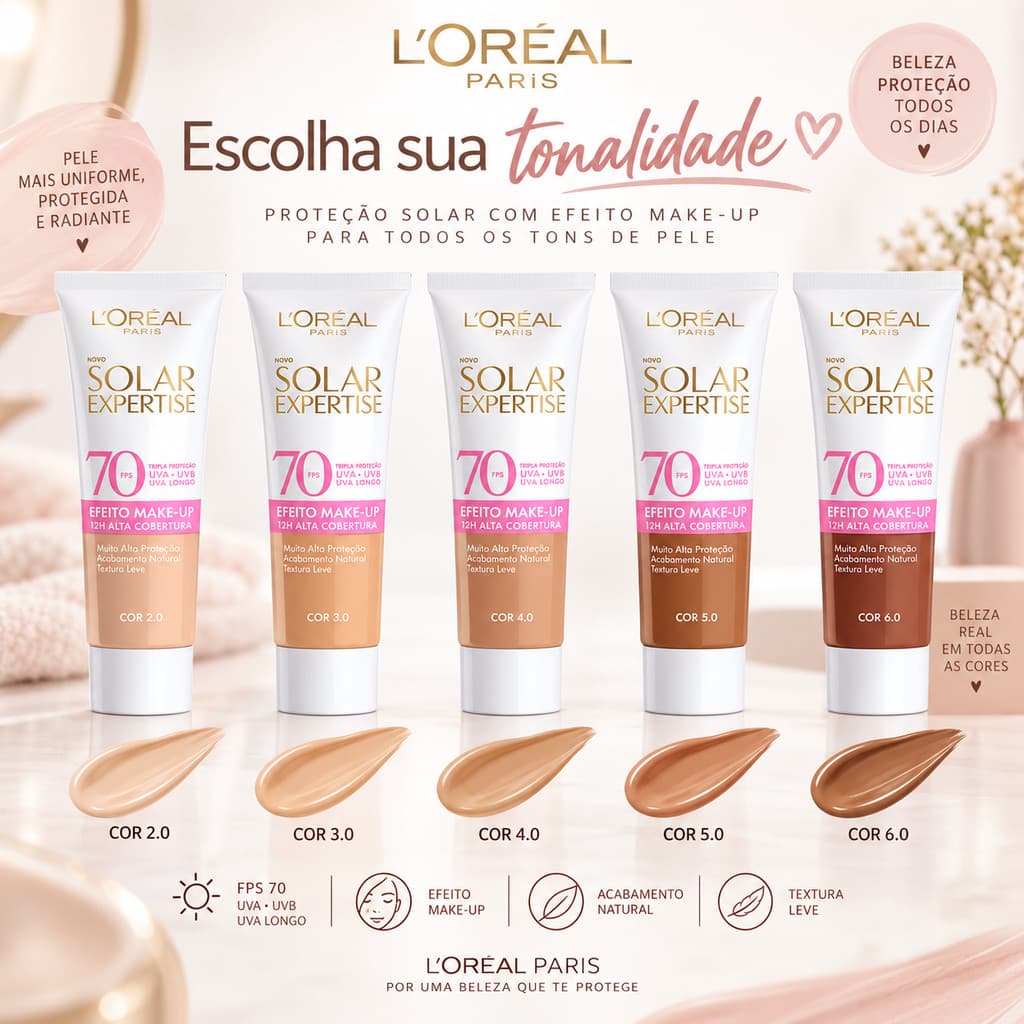 Protetor Solar Facial L’Oréal Paris Solar Expertise FPS 70 com Cor 30g Efeito Make-Up