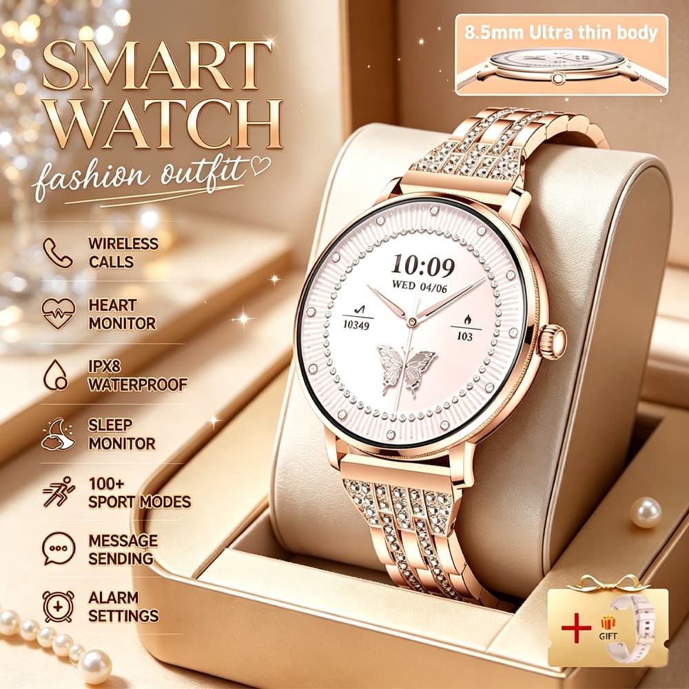 Moda Mulher Smartwatch Tela AMOLED Relógios Feminino Freqüência Cardíaca Monitor De Pressão Arterial Saúde Relógio Intel
