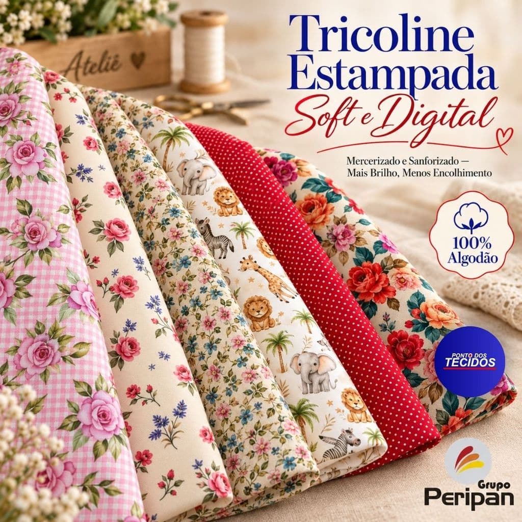 Tecido Tricoline 100% Algodão Estampado Bahamas Peripan - 2 Estilos Soft e Digital - Roupa, Patchwork e Artesanato