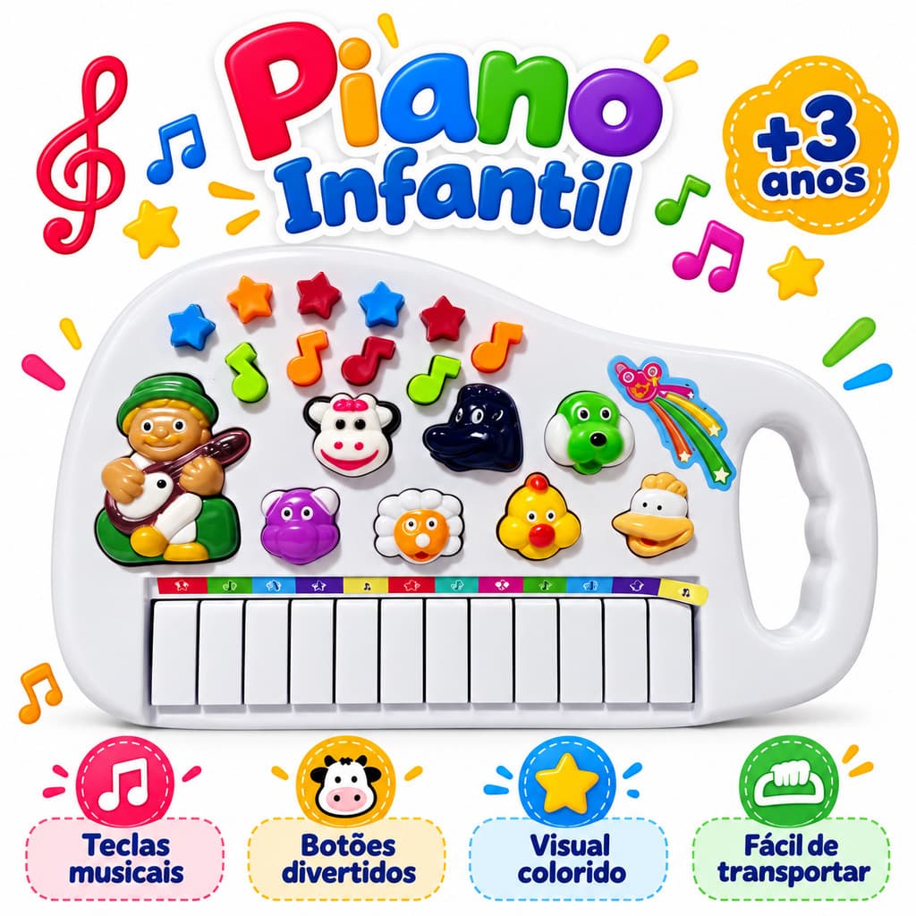 Piano Infantil Teclado Musical Criança Bebê Sons de Animais Brinquedo Educativo Colorido Presente Menino Menina 3+ Anos
