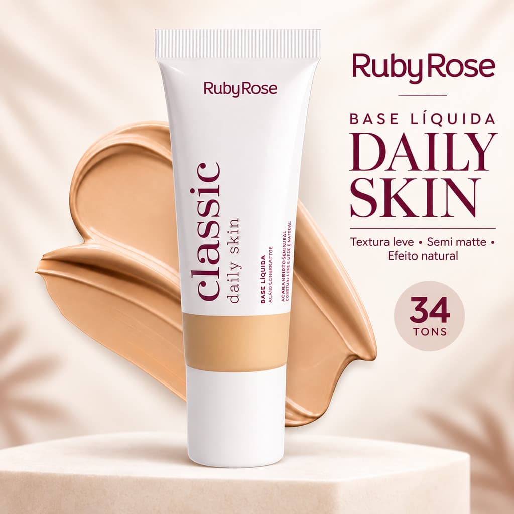 Base Líquida Daily Skin Linha Classic Ruby Rose Cobertura Leve a Média Acabamento Natural Lançamento Nova