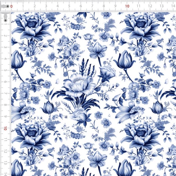 Tecido Tricoline Digital 3D Florais Azúis Pano Patchwork Costura Artesanato DIY Ateliê